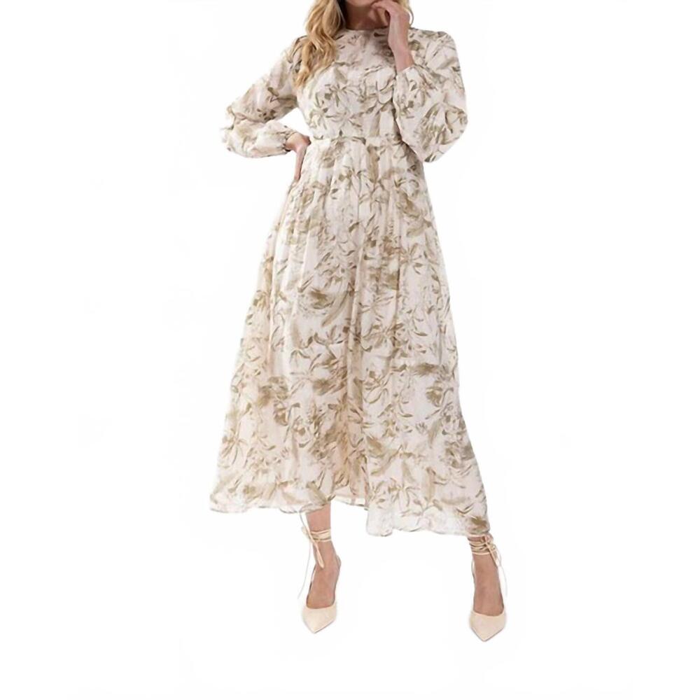 NEW STATIC leafy print long sleeve midi dress in olive